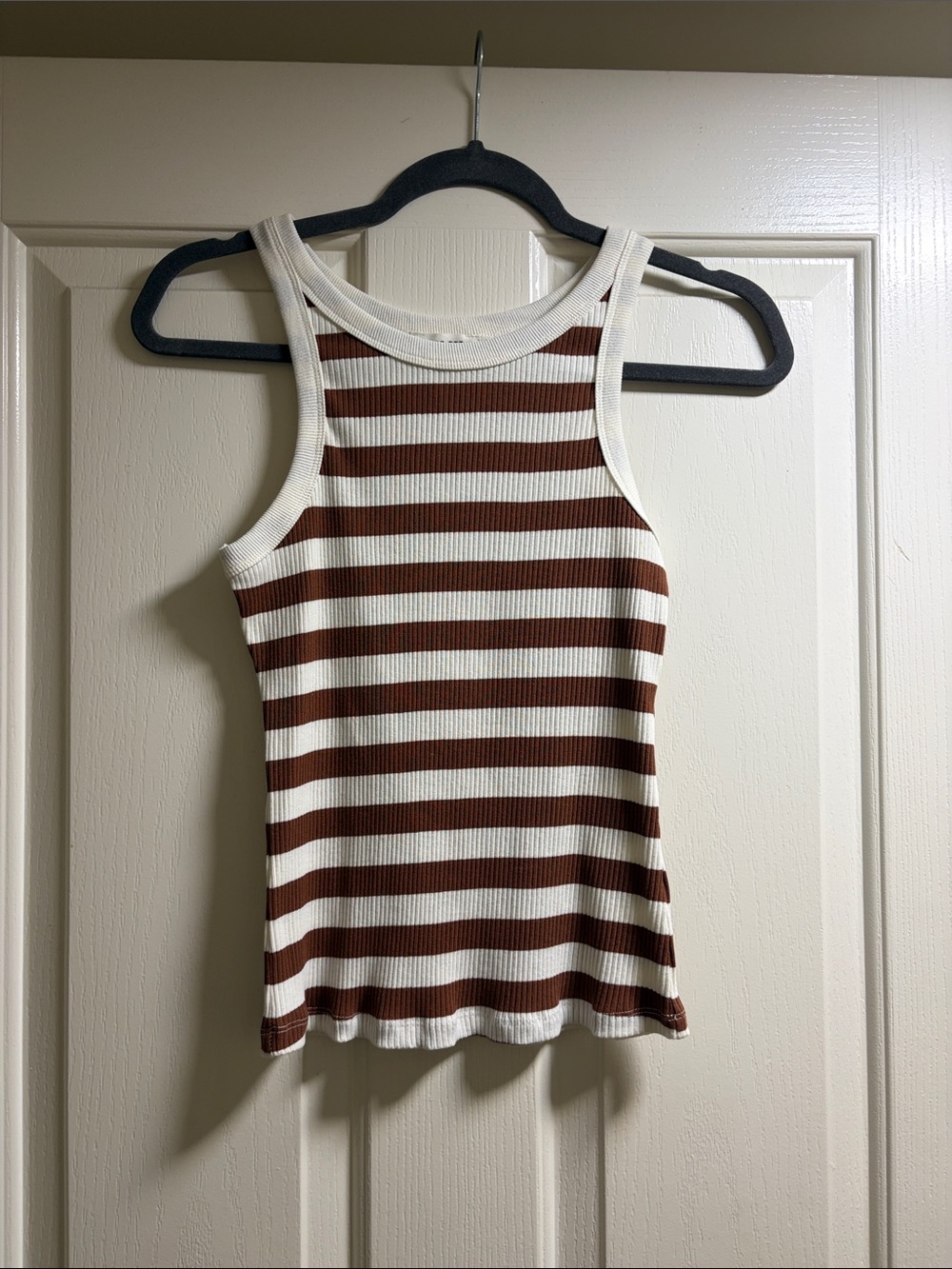 Boutique Striped Ribbed Tank Top in White and Brown - Women